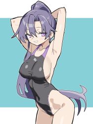  armpits arms_up blush breasts competition_swimsuit female goshiki_agiri highleg highleg_one-piece_swimsuit highres kill_me_baby large_breasts long_hair looking_at_viewer matuo3232 one-piece_swimsuit ponytail purple_eyes purple_hair sideboob smile solo swimsuit very_long_hair 