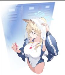  animal_ears blonde_hair blue_archive blue_hair blue_halo blue_jacket breasts dog_ears dog_girl extra_ears female halo hand_up highleg highleg_one-piece_swimsuit highres impossible_clothes impossible_swimsuit jacket kanna_(blue_archive) kanna_(swimsuit)_(blue_archive) large_breasts long_hair official_alternate_costume one-piece_swimsuit open_clothes open_jacket ponytail purple_armband sharp_teeth sitting solo swimsuit tatara_(alnath_may) teeth 