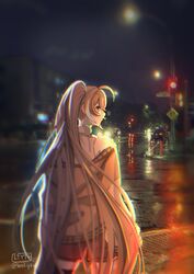  ahoge blurry blurry_background brown_eyes brown_hair brown_hoodie building car chromatic_aberration city_lights commentary crosswalk depth_of_field english_commentary female highres hololive hololive_english hood hoodie l_yth lamppost long_hair looking_at_viewer motor_vehicle multicolored_hair nanashi_mumei neon_lights night photo_background ponytail rain red_shorts reflection reflective_pavement reflective_water road road_sign shirt shorts sidewalk sign single_thighhigh solo streaked_hair street thighhighs traffic_light tree very_long_hair virtual_youtuber wet_pavement white_shirt 