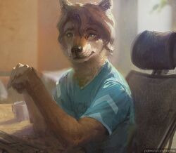  2020 anthro black_eyebrows black_nose blue_clothing blue_shirt blue_topwear brown_body brown_fur brown_hair canid canine canis chair clothed clothing coffee_mug container cup detailed_background digital_media_(artwork) digital_painting_(artwork) eyebrows fur furniture green_eyes hair looking_at_viewer male mammal monotone_hair multicolored_body multicolored_fur nomax office_chair shirt short_hair sitting solo text topwear two_tone_body two_tone_fur url whiskers white_body white_fur wolf 