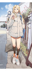  absurdres alternate_costume black_socks blonde_hair blue_bag blue_eyes casual cellphone chinese_commentary clara_(girls_und_panzer) coat commentary copyright_name down_jacket emblem english_text engrish_text female full_body girls_und_panzer highres holding holding_phone is-2 jacket jsscj kneehighs long_hair military military_vehicle motor_vehicle outdoors phone pravda_(emblem) ranguage shoes smartphone smile sneakers socks solo tank white_footwear white_jacket winter_clothes winter_coat 