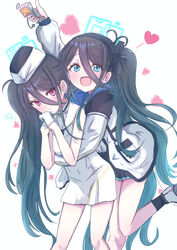  &lt;key&gt;_(blue_archive) &lt;key&gt;_(robot)_(blue_archive) 2girls absurdly_long_hair absurdres aris_(blue_archive) black_hair blue_archive blue_eyes blush giorgio_(yo_sumire_sola1) gloves hair_between_eyes half_gloves halo heart highres hug hug_from_behind long_hair looking_at_viewer multiple_girls one_side_up own_hands_together red_eyes side_ponytail simple_background smile standing standing_on_one_leg very_long_hair yuri 