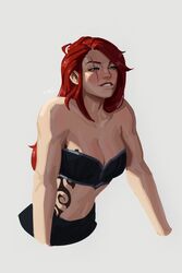  bare_arms bare_shoulders breasts brown_eyes cleavage collarbone cropped_legs female grey_background grin highres katarina_(league_of_legends) league_of_legends long_hair luzdanaee navel red_hair scar scar_across_eye simple_background smile solo stomach tattoo teeth 