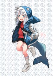  absurdres adapted_costume alternate_costume animal_hood black_shorts blue_eyes blue_hair fanny_pack female fins fish_tail gawr_gura grey_hair hands_in_pockets highres hololive hololive_english hood hooded_jacket jacket knifecat letterman_jacket md5_mismatch multicolored_hair open_mouth red_shirt shark shark_girl shark_hood shark_tail sharp_teeth shirt shoes short_shorts shorts sneakers solo streaked_hair streetwear tail teeth virtual_youtuber 