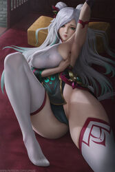  absurdres arm_up armpits artist_name bare_shoulders blue_hair breasts detached_sleeves double_bun facial_mark female forehead_mark green_eyes hair_bun hair_ornament highleg highleg_leotard highres irelia large_breasts league_of_legends leotard limgae lips long_hair looking_at_viewer lying multicolored_hair mythmaker_irelia official_alternate_costume on_back patreon_username presenting_armpit sideboob solo thighhighs two-tone_hair web_address white_hair white_thighhighs 