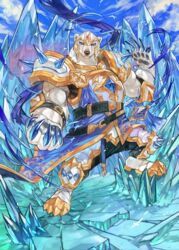  1boy absurdres armor bear_boy belt bird claws closed_mouth cloud commentary creature crystal fantasy full_body furry furry_male gem gold_trim helmet highres knee_up looking_at_viewer male_focus muscular muscular_male original outdoors robe sky tapioka_chaso 