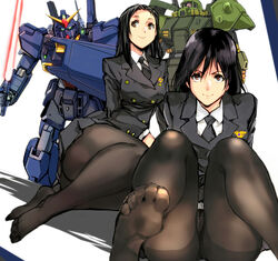  2girls black_hair black_jacket black_legwear black_necktie black_skirt brown_eyes buttons closed_mouth commentary_request double-breasted gun gundam gundam_mk_ii handgun hat hizack jacket kamisimo_90 long_sleeves looking_at_viewer mecha medium_hair military military_uniform multiple_girls necktie original panties panties_under_pantyhose pantyhose pencil_skirt robot shirt sitting skirt smile soles thighband_pantyhose underwear uniform weapon white_shirt zeta_gundam 