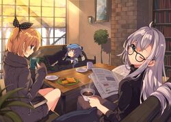  3girls absurdres ahoge black-framed_eyewear blonde_hair blue_eyes blue_hair blush book bread bread_slice closed_eyes closed_mouth commentary_request couch cup food glasses green_eyes green_skirt grey_hair hair_ribbon highres holding holding_cup indoors jacket long_hair long_sleeves looking_at_viewer looking_back lying mishima_kurone mug multiple_girls novel_illustration official_art on_couch on_side one_eye_closed open_book open_mouth pantyhose pillow plaid plaid_skirt plant polka_dot polka_dot_ribbon profile ribbon rokudenashi_majutsu_koushi_to_akashic_record rumia_tingel ryiel_rayford short_hair sistine_fibel sitting skirt sleeping smile sweater table toast turtleneck window 