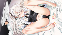  1boy bare_legs barefoot bed_sheet black_panties blonde_hair blue_eyes blush breasts brown_eyes brown_hair commentary_request dark_skin detached_collar disembodied_head female glasses groin hair_ribbon hair_tie half-closed_eyes hand_on_own_face hand_on_own_thigh looking_at_viewer lying maid maid_headdress navel on_back on_bed open_mouth original panties pillow pillow_grab rasaras_leonids ribbon small_breasts smile solo spread_legs steam teeth tied_hair twintails underwear wrist_cuffs 