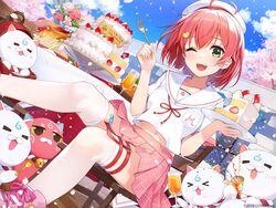  35p_(sakura_miko) ahoge alternate_hairstyle amagai_tarou backpack bag bandaged_leg bandages beret birthday_cake blush bob_cut cake cake_slice cat_hair_ornament champagne_flute cherry_blossoms chicken_(food) collarbone commentary_request company_name copyright_notice cup dress drinking_glass dutch_angle female flower food fork fruit hair_ornament hat holding holding_food holding_fork hololive kintoki_(sakura_miko) midriff_peek navel neck_ribbon official_alternate_costume official_alternate_hairstyle official_art one_eye_closed open_mouth outdoors pasta pink_hair pink_skirt plaid plaid_skirt pleated_skirt red_flower red_ribbon red_rose ribbon rose sailor_collar sailor_dress sakura_miko sakura_miko_(school_uniform) sandwich school_uniform serafuku shirt shoes short_hair sitting skirt smile sneakers strawberry table teeth thigh_strap thighhighs thighs upper_teeth_only virtual_youtuber white_beret white_flower white_footwear white_rose white_sailor_collar white_shirt white_thighhighs 