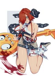  a.b.a artist_name bandages blood blood_on_bandages breasts chains female green_eyes guilty_gear guilty_gear_xx highres key_in_head looking_at_viewer medium_breasts medium_hair object_through_head paracelsus_(guilty_gear) parted_lips red_hair scribbora sitting solo wariza 