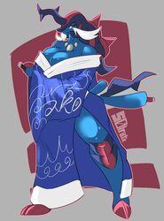  2023 anthro anthrofied asian_clothing big_breasts blue_body breasts cleavage clothed clothing digital_media_(artwork) east_asian_clothing female generation_8_pokemon hi_res hisuian_form hisuian_samurott japanese_clothing kimono looking_at_viewer mammal nintendo pokemon pokemon_(species) pokemorph regional_form_(pokemon) simple_background solo solratic thick_thighs wide_hips 