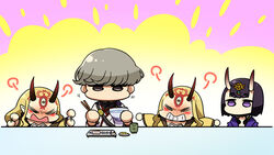  1boy 3girls angry blonde_hair bob_cut chibi chopsticks clone cup facial_mark fate/grand_order fate_(series) fish forehead_mark grey_eyes grey_hair headpiece honchu horns ibaraki_douji_(fate) japanese_clothes kimono long_hair looking_at_another multiple_girls no_mouth purple_eyes purple_hair purple_kimono short_eyebrows short_hair shuten_douji_(fate) sitting skin-covered_horns tattoo watanabe_no_tsuna_(fate) yellow_kimono yunomi 