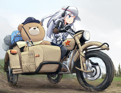  black_pantyhose blue_eyes blue_hat blue_skirt brown_gloves bucket camouflage camouflage_jacket closed_mouth commentary commentary_request cyrillic day dirt_road driving earmuffs female fishing_rod flat_cap gloves grey_sky hair_between_eyes hammer_and_sickle hat hibiki_(kancolle) jacket kakizaki_(chou_neji) kantai_collection light_frown long_hair long_sleeves miniskirt motion_blur motor_vehicle motorcycle outdoors overcast pantyhose pleated_skirt road russian_text sidecar skirt sky solo soviet star_(symbol) stuffed_animal stuffed_toy teddy_bear ural_(motorcycle) verniy_(kancolle) verniy_(saury_festival)_(kancolle) white_hair white_hat 