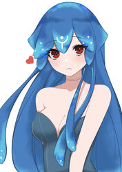  absurdres bao_(vtuber) bao_(vtuber)_(1st_costume) blue_hair breasts cleavage female frown heart highres indie_virtual_youtuber light_blush liquid_hair long_hair looking_at_viewer medium_breasts red_eyes salveria_(luckyshotsss) solo virtual_youtuber white_background 