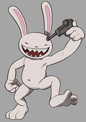  anthro featureless_crotch grin gun gun_to_head hi_res lagomorph leporid luger male mammal max_(sam_and_max) nemhippie nude rabbit ranged_weapon sam_and_max sharp_teeth smile solo teeth weapon 