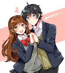  1boy ahoge black_hair black_skirt blue_eyes blush bow brown_eyes brown_hair closed_mouth coll_(erichankun) commentary couple dated_commentary female fingernails hair_between_eyes heart holding holding_hands hori-san_to_miyamura-kun hori_kyouko katagiri_senior_high_school_uniform long_hair miyamura_izumi open_mouth red_bow school_uniform signature skirt smile straight teeth upper_teeth_only 