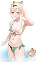  :d absurdres adapted_costume arm_up bikini blonde_hair blue_eyes blush breasts cleavage collarbone crossed_bangs female front-tie_bikini_top front-tie_top hair_ornament halterneck highres hololive kazama_iroha kazama_iroha_(1st_costume) leaf_hair_ornament long_hair looking_at_viewer medium_breasts multicolored_bikini multicolored_clothes navel partially_submerged pokobee ponytail ryuya side-tie_bikini_bottom smile string_bikini swimsuit virtual_youtuber water white_background wristband 