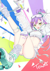  absurdres bandaid bandaid_on_leg breasts colored_inner_hair crop_top demon_girl demon_tail ear_piercing female gloves goggles goggles_on_head green_eyes highres holding holding_megaphone hololive jiejeat knee_pads long_hair long_sleeves looking_at_viewer loose_socks medium_breasts megaphone midriff multicolored_hair navel official_alternate_costume open_mouth piercing pink_hair pointy_ears ponytail purple_hair roller_skates see-through see-through_sleeves short_shorts shorts skates socks solo streaked_hair tail thighs tokoyami_towa tokoyami_towa_(5th_costume) virtual_youtuber white_gloves white_hair white_shorts 