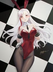  animal_ears armpit_crease bare_shoulders between_breasts black_necktie blonde_hair breasts checkered_floor cleavage commentary detached_collar fake_animal_ears female hands_on_own_breasts highleg highleg_leotard highres kantai_collection large_breasts leotard long_hair lying massachusetts_(kancolle) multicolored_hair necktie necktie_between_breasts odachu on_back on_floor pantyhose playboy_bunny rabbit_ears red_eyes red_hair red_leotard solo strapless strapless_leotard streaked_hair 