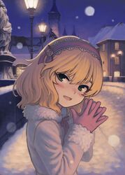  absurdres asagi_noko blonde_hair blush building coat female flower fur_trim gloves green_eyes hairband highres idolmaster idolmaster_cinderella_girls lamppost looking_at_viewer neck_ribbon night open_mouth outdoors own_hands_together pink_gloves pink_hairband pink_ribbon ribbon rose sakurai_momoka short_hair smile snowing solo statue upper_body wavy_hair white_coat winter winter_clothes 