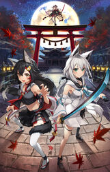  3girls absurdres animal_ear_fluff animal_ears ayafubumi_(hololive) black_hair black_shorts black_skirt blue_neckerchief braid breasts claw_pose commentary_request detached_sleeves dual_wielding fisheye floating_hair fox_ears fox_girl fox_tail full_moon green_eyes grey_hair grin hair_between_eyes hair_ornament hair_ribbon hairclip highres holding holding_sheath holding_sword holding_weapon hololive hololive_alternative hood hoodie horns japanese_clothes karma_(nakiri_ayame) katana kimono kito_koruta leaf long_hair looking_at_viewer maple_leaf mask mask_on_head medium_breasts moon multicolored_hair multiple_girls nakiri_ayame nakiri_ayame_(1st_costume) neckerchief night oni_mask ookami_mio ookami_mio_(1st_costume) open_mouth outdoors pose red_eyes red_hair red_kimono ribbon sheath shirakami_fubuki shirakami_fubuki_(1st_costume) shiranui_(nakiri_ayame) short_shorts shorts sidelocks signature single_braid single_thighhigh skin-covered_horns skirt sky smile star_(sky) starry_sky streaked_hair sword tail tail_around_own_leg temple thigh_strap thighhighs torii tree two-tone_hair virtual_youtuber weapon white_hair white_hoodie white_thighhighs wolf_ears wolf_girl wolf_tail yellow_eyes 