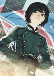  black_hair breasts brick_wall buttons cane closed_mouth dutch_angle female flag_background gloves hair_over_one_eye hand_on_cane highres hirate_yurina holding keyakizaka46 looking_at_viewer military military_uniform mole mole_under_mouth multicolored_background nzenzenzenze own_hands_together short_hair small_breasts solo standing uniform 