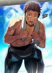  1boy abs blue_sky brown_eyes brown_hair cloud highres holding holding_towel jammers leaning_forward looking_at_viewer male_focus male_swimwear navel nipples open_mouth original outdoors short_hair sky solo sweat thick_thighs thighs toned toned_male towel towel_around_neck watari_yuu_(haskey) 