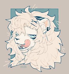  accessory anthro blue_eyes depravedstar fangs felid fur fur_markings hair hair_accessory hairclip headshot_portrait hi_res inner_ear_fluff licking licking_lips lion mammal markings pantherine portrait simple_background solo teeth tongue tongue_out tuft white_body white_fur white_hair 