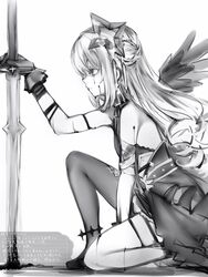  absurdres amane_kanata amane_kanata_(another_world) angel_wings arm_strap blood blood_on_face empty_eyes expressionless feathered_wings female from_side gloves greyscale halo highres hololive injury long_hair monochrome nanashi_(nlo) official_alternate_costume on_one_knee planted planted_sword single_thighhigh skindentation solo star_halo sword thigh_strap thighhighs translation_request virtual_youtuber weapon wings 