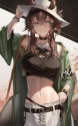  absurdres animal_ears arknights black_choker black_shirt brown_hair choker closed_mouth coat crop_top ears_through_headwear fedora female green_coat green_eyes hat highres hiyaori_(hiyahiyaval) horse_ears horse_girl looking_at_viewer medium_hair meteor_(arknights) meteor_(bard&#039;s_holiday)_(arknights) midriff mole mole_under_eye navel official_alternate_costume open_clothes open_coat pants shirt smile solo stomach white_hat white_pants 