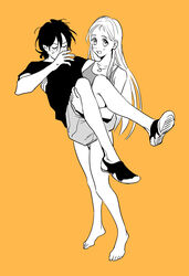  1boy ajiro_shinpei bare_arms bare_legs bare_shoulders barefoot blush carrying carrying_person chinese_commentary closed_eyes commentary_request covered_mouth female full_body greyscale_with_colored_background hair_between_eyes highres jewelry kanngetsuan kofune_ushio long_hair looking_at_viewer mixed-language_commentary monochrome necklace one-piece_swimsuit open_mouth orange_background princess_carry reverse_princess_carry shirt shoes short_hair short_sleeves shorts simple_background smile standing summertime_render swimsuit very_long_hair 