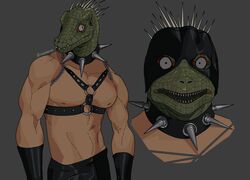  1boy abs bondage bondage_outfit caiman_(dorohedoro) collar colored_skin cosplay dorohedoro gachimuchi green_skin grey_background highres leather leather_pants leatherclub_scene_(meme) lizardman looking_at_viewer male_focus meme muscular muscular_male nipples pants pectorals scribbora spiked_collar spikes van_darkholme van_darkholme_(cosplay) 