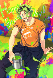  1boy bishounen black_jumpsuit blue_eyes body_writing clothes_around_waist clothes_writing commentary_request facial_mark fangs from_argonavis gotou_misaki_(argonavis) green_hair happy_birthday headband jumpsuit jumpsuit_around_waist male_focus orange_shirt paint paint_can paint_on_clothes paint_splatter paint_splatter_on_face saigi shirt sitting solo t-shirt 