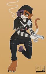  absurd_res anthro bad_trigger_discipline barefoot beanie belt biped bottomwear cheek_tuft cigarette clothed clothing collar denim denim_bottomwear denim_clothing desert_eagle digital_media_(artwork) domestic_cat epic_games eyebrows eyelashes facial_tuft feet felid feline felis female fingers fortnite fur gamesfan gun handgun hat headgear headwear hi_res jeans kneeling long_sleave_shirt makeup mammal meow_skulls_(fortnite) pants pistol ranged_weapon serious_face shaded shirt signature simple_background simple_shading smoke smoking solo sweater tail tin_can topwear torn_clothing tuft unsafe_weapon_practices weapon yellow_eyes 