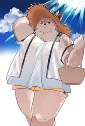  anthro basket belly blouse blush bottomwear brown_body brown_fur clothing container deer fur hat headgear headwear hi_res kazusa male mammal markings overweight overweight_male shorts solo spots spotted_body spotted_fur straw_hat tamacolle topwear unaduku 