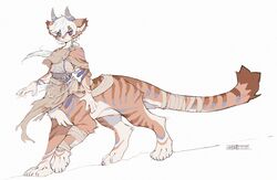  absurd_res bandage bandaged_leg bandaged_tail braided_hair depravedstar felid felid_taur feline feline_taur fur hair hi_res horn mammal mammal_taur orange_body orange_fur pupils simple_background slit_pupils solo striped_body stripes taur white_background white_hair 