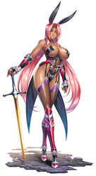  animal_ears bare_shoulders breasts choker clothing_cutout dark-skinned_female dark_skin fake_animal_ears fake_tail female fingerless_gloves fishnets full_body gauntlets gloves hair_intakes high_heels highres holding holding_sword holding_weapon ingrid_(taimanin_murasaki) kagami_hirotaka large_breasts leotard long_hair looking_at_viewer mole mole_under_mouth navel official_art pink_hair planted planted_sword playboy_bunny purple_lips rabbit_ears rabbit_tail shin_guards simple_background solo stomach stomach_cutout sword tail taimanin_(series) taimanin_asagi_kessen_arena tan thighhighs weapon white_background yellow_eyes 