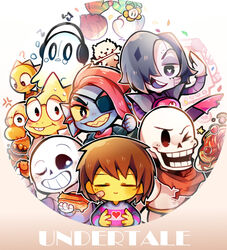  &gt;_o alphys anger_vein annoying_dog asriel_dreemurr brown_hair buck_teeth canine chara_(undertale) chibi closed_mouth colored_skin commentary copyright_name english_commentary everyone facing_viewer flower flowey_(undertale) flying_sweatdrops food frisk_(undertale) furry furry_male gaito-san grin headphones holding holding_hands holding_plate hot_cat hot_dog long_sleeves mad_dummy_(undertale) mettaton mettaton_(box) mettaton_ex monster_kid_(undertale) napstablook one_eye_closed outline papyrus_(undertale) pasta plate round_image sans_(undertale) sharp_teeth shirt smile spaghetti striped_clothes striped_shirt tears teeth undertale undyne v-shaped_eyebrows yellow_skin 