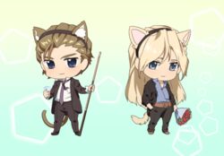  2boys animal_ears belt belt_buckle black_footwear black_jacket black_pants blonde_hair blue_eyes blue_shirt bouquet brown_footwear brown_hair buckle cat_ears cat_tail chibi commentary_request cue_stick fake_animal_ears flower formal full_body gundam gundam_wing hand_in_pocket holding holding_bouquet holding_cue_stick jacket long_hair multiple_boys pants rain_(regen) rose shirt short_hair smile suit tail treize_khushrenada white_shirt zechs_merquise 