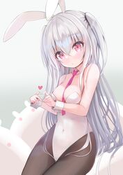  animal_ears bare_shoulders between_breasts black_pantyhose breasts cleavage detached_collar fake_animal_ears female grey_hair heart heart_hands highres leotard long_hair necktie original pantyhose playboy_bunny rabbit_ears red_eyes red_necktie siragagaga solo strapless strapless_leotard thighs two_side_up very_long_hair white_leotard wrist_cuffs 