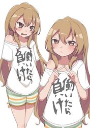  absurdres aisaka_taiga arms_behind_back blush brown_eyes brown_hair closed_mouth clothes_writing commentary cosplay cowboy_shot female futaba_anzu futaba_anzu_(cosplay) hair_between_eyes hands_up highres idolmaster idolmaster_cinderella_girls index_fingers_together long_hair looking_at_viewer mooramango multiple_views off_shoulder open_mouth shirt short_shorts short_sleeves shorts simple_background single_bare_shoulder striped_clothes striped_shorts toradora! trait_connection translation_request very_long_hair white_background white_shirt you_work_you_lose 