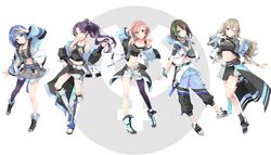  5girls absurdres blonde_hair blue_background blue_eyes blue_hair border brown_eyes brown_hair full_body green_hair highres hikawa_nako kuramitsu_kie lineup long_hair mizuha_yui multicolored_background multicolored_hair multiple_girls nagisawa_hina official_art pale_skin pink_hair ponytail pure_project purple_eyes purple_hair round_border seo_riz short_hair virtual_youtuber white_background yoshito 