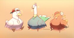  animal animalization beak bird commentary duck english_commentary feathers fire hat highres hololive hololive_english hololive_indonesia holotori oozora_subaru orange_background pavolia_reine pavolia_reine_(peahen) peacock peahen phoenix subaru_duck takanashi_kiara takanashi_kiara_(phoenix) virtual_youtuber wings zarasaru 