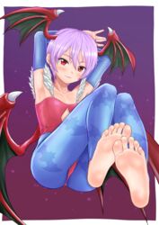  alternate_legwear animal_print armpits arms_up ass barefoot bat_print bat_wings blue_leggings blush bridal_gauntlets collarbone diamond_cutout feet female flat_chest floating foot_focus foreshortening full_body hair_between_eyes head_wings highres hinosaki leggings leotard lilith_aensland looking_at_viewer print_leggings purple_hair red_eyes red_leotard short_hair smile soles solo toes vampire_(game) wings 