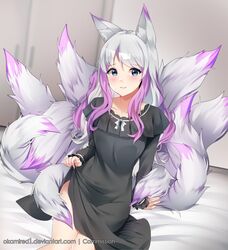  animal_ears bangs black_dress blue_eyes blush breasts celestiya cowboy_shot dress dress_lift dutch_angle eyebrows_visible_through_hair female fox_ears fox_tail indie_virtual_youtuber kitsune kyuubi long_hair long_sleeves medium_breasts multicolored_hair multiple_tails nervous nervous_smile okamired on_bed original purple_hair sitting sitting_on_bed solo swept_bangs tail two-tone_hair white_hair 