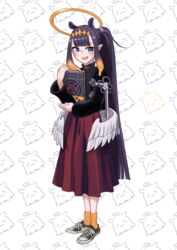  absurdres alternate_costume alternate_hairstyle ao-chan_(ninomae_ina&#039;nis) black_eyes black_hair black_sweater blunt_bangs converse female gradient_hair halo highres hololive hololive_english knifecat long_hair low_wings md5_mismatch mole mole_under_eye multicolored_hair ninomae_ina&#039;nis oerba_yun_fang open_mouth orange_hair pointy_ears ponytail red_skirt shoes sidelocks skirt sneakers solo sweater takodachi_(ninomae_ina&#039;nis) tentacle_hair turtleneck very_long_hair virtual_youtuber wings 