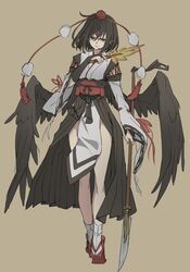  bare_legs bird_wings black_gloves black_hair black_ribbon black_wings bob_cut commentary_request detached_sleeves female fingerless_gloves frown full_body geta glaive_(polearm) gloves hand_fan hand_up hat hauchiwa holding holding_fan holding_polearm holding_weapon japanese_clothes kimono kourindou_tengu_costume looking_at_viewer obi official_alternate_costume pointy_ears polearm pom_pom_(clothes) red_eyes red_hat red_sash ribbon ribbon-trimmed_sleeves ribbon_trim rion_(glayjirobass) sash shameimaru_aya short_hair sidelocks socks solo tabi tassel tengu tengu-geta tokin_hat touhou v-shaped_eyebrows weapon white_kimono white_ribbon white_socks wide_sleeves wings yellow_background 