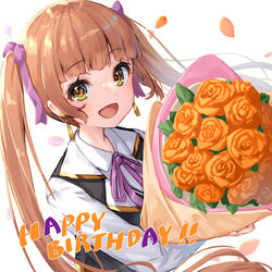  birthday blush bouquet bow earrings female flower hairbow happy_birthday jewelry long_hair looking_at_viewer orange_hair pensuke petals pure_project purple_bow smile solo tsukinoki_seira twintails virtual_youtuber white_background yellow_eyes 