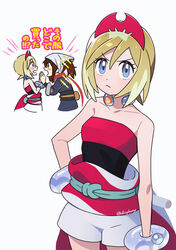  2girls akari_(pokemon) blonde_hair blue_eyes brown_hair closed_mouth collar collarbone commentary_request eyelashes flute frown hairband head_scarf holding_hands instrument irida_(pokemon) kazune_rain multiple_girls pokemon pokemon_legends:_arceus ponytail red_hairband red_scarf red_shirt sash scarf shirt short_hair shorts sparkle strapless strapless_shirt waist_cape white_background white_headwear white_shorts 